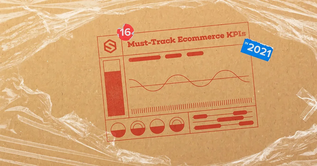 Illustration of a dashboard labeled Must-Track Ecommerce KPIs in 2021 on a brown background wrapped in plastic.