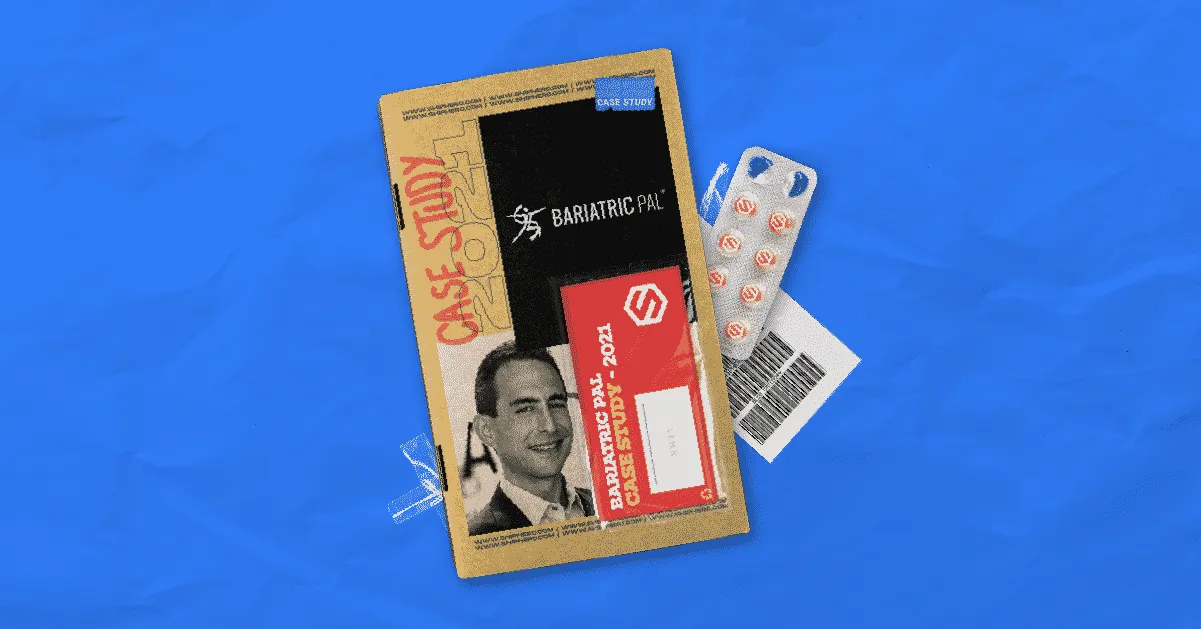 Bariatric Pal 2021 case study cover with a photo of a man, pills, and a barcode on a blue background.