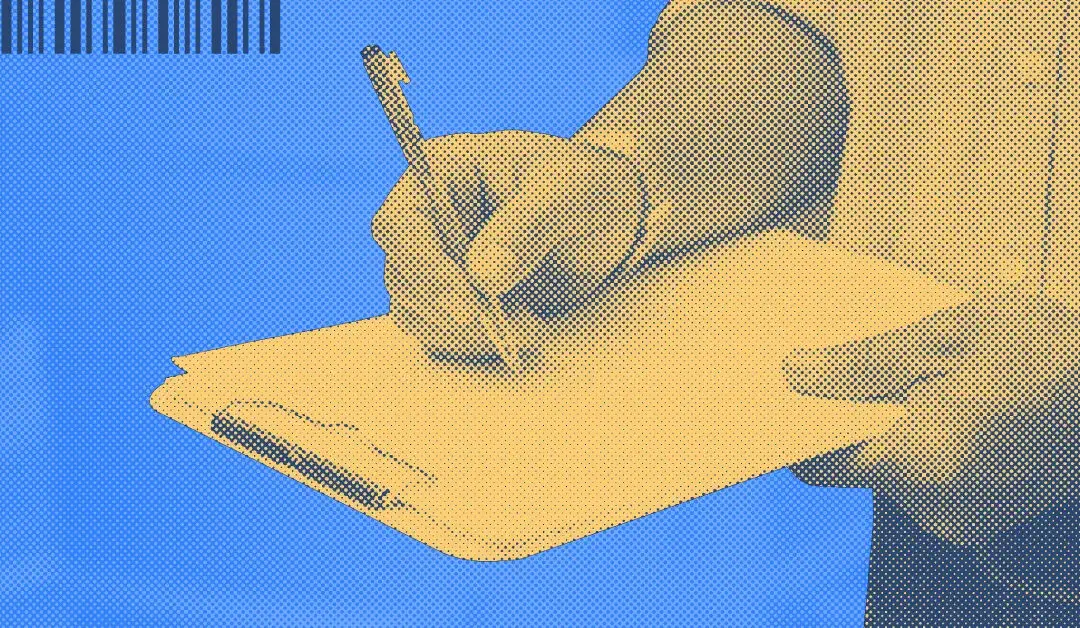 Person writing on a clipboard with a pen, stylized with a blue and yellow dotted halftone effect.
