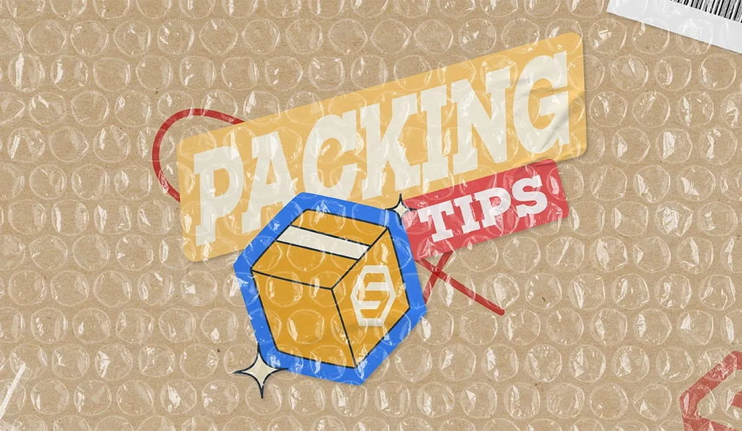 Illustration of a cardboard box with text packing tips on bubble wrap background.