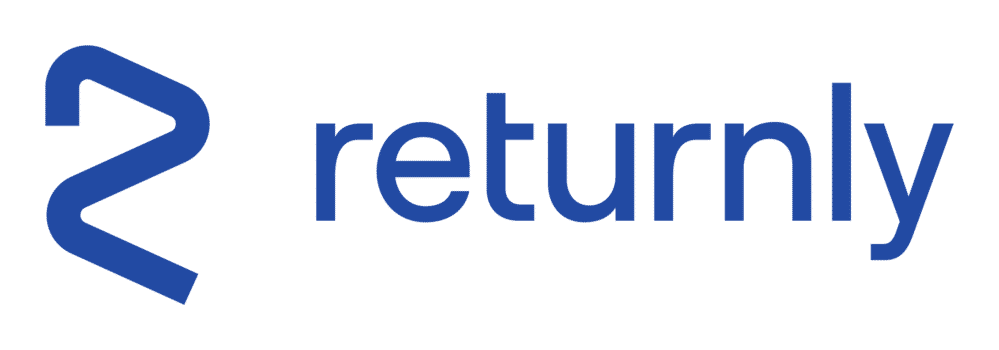 Returnly company wordmark logo in blue with a stylized R icon on a black background.
