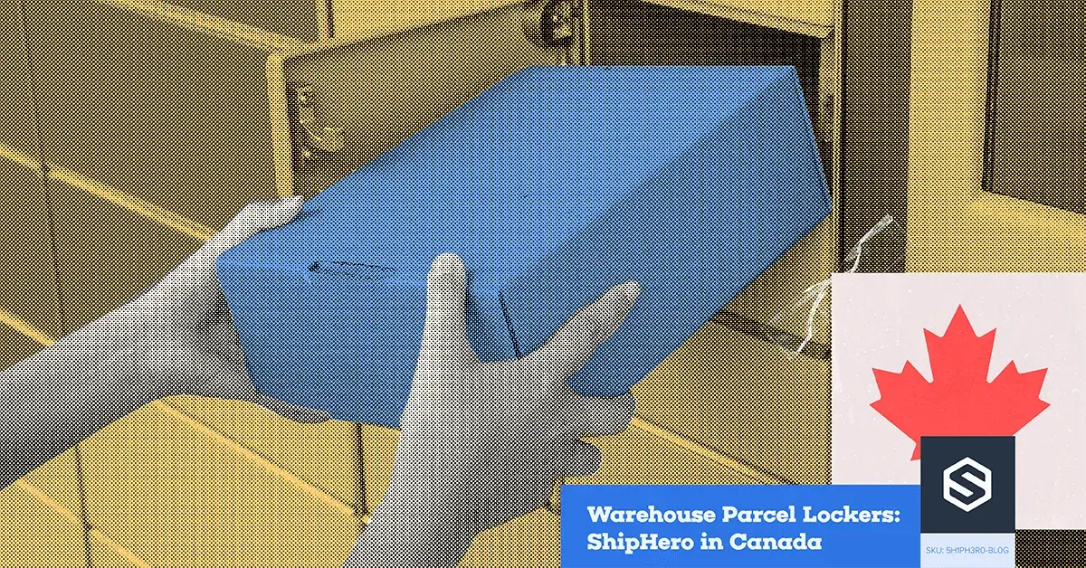 Hands placing a blue parcel into a yellow parcel locker with Canadian maple leaf graphic nearby.