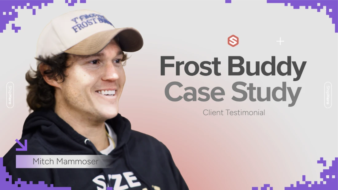 Smiling man wearing a cap and hoodie with text Frost Buddy Case Study Client Testimonial beside him.