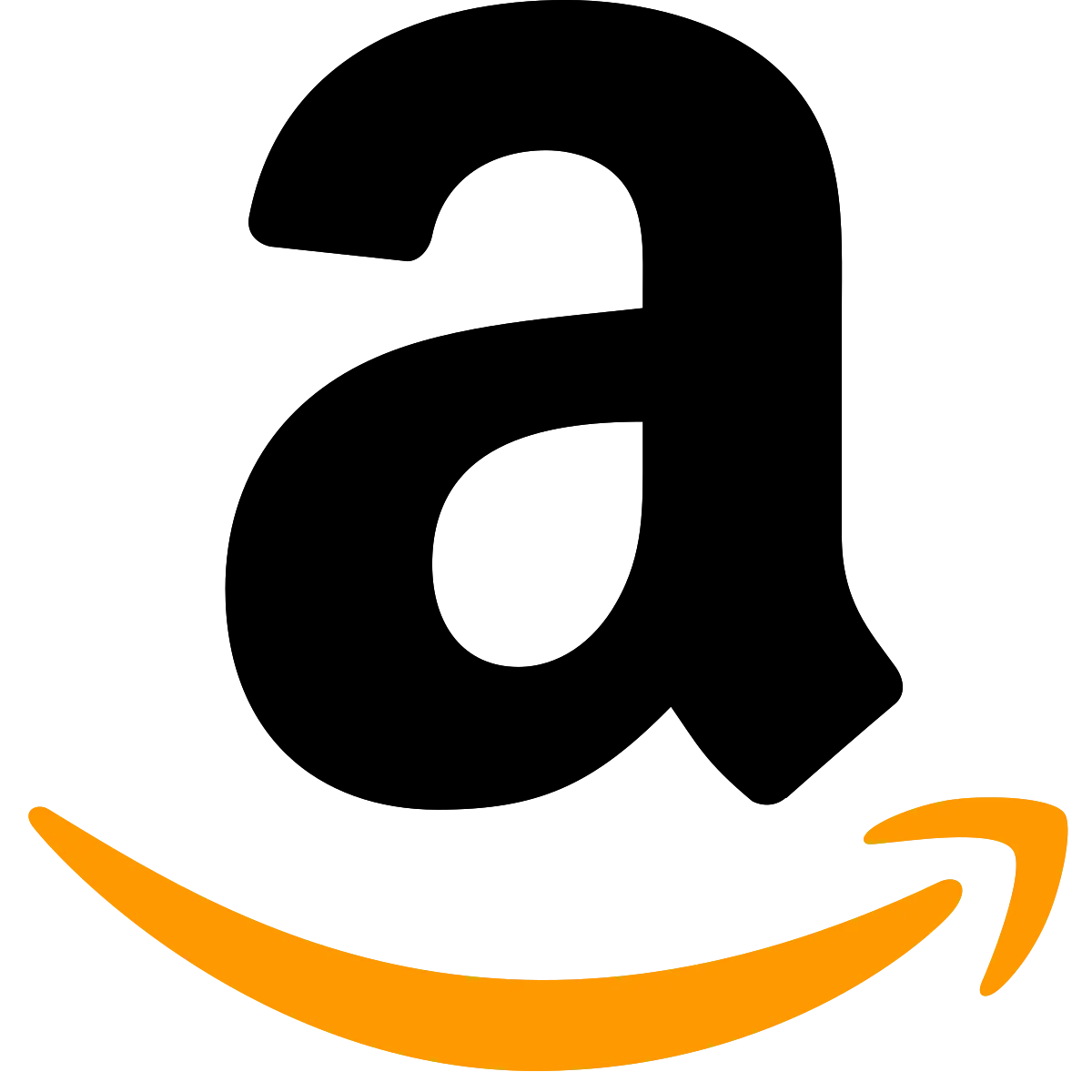 Amazon logo with black text and curved orange arrow resembling a smile.