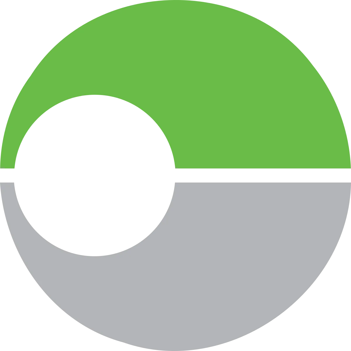 Green and gray circular logo split horizontally with a smaller black circle on the left side.