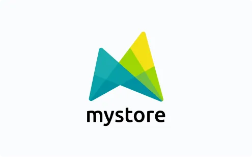 Mystore brand logo with stylized overlapping teal, green, and yellow shapes above text.