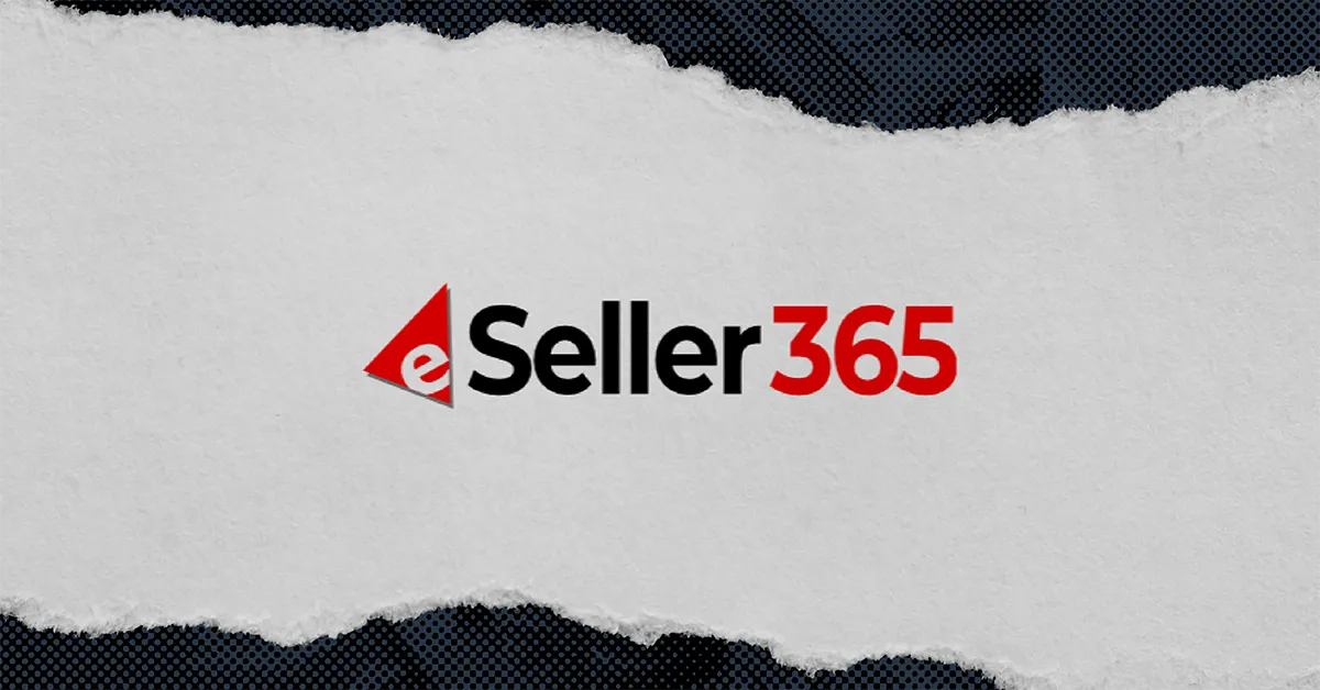 Logo with red and black text reading 'eSeller365' on torn paper over a dark dotted background.