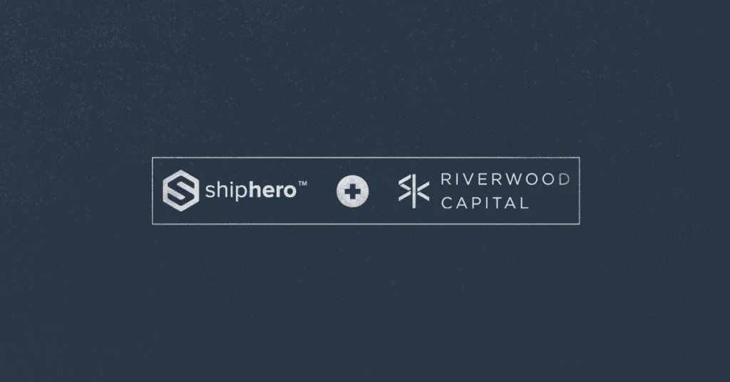 Logos of ShipHero and Riverwood Capital side by side on dark background with a plus symbol between.