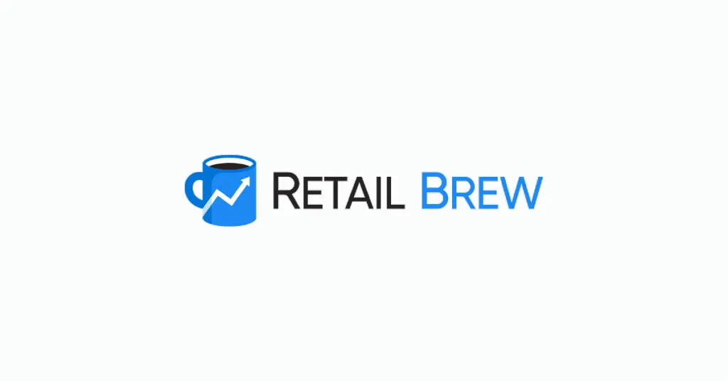 Blue coffee cup with white upward graph arrow and the text Retail Brew.