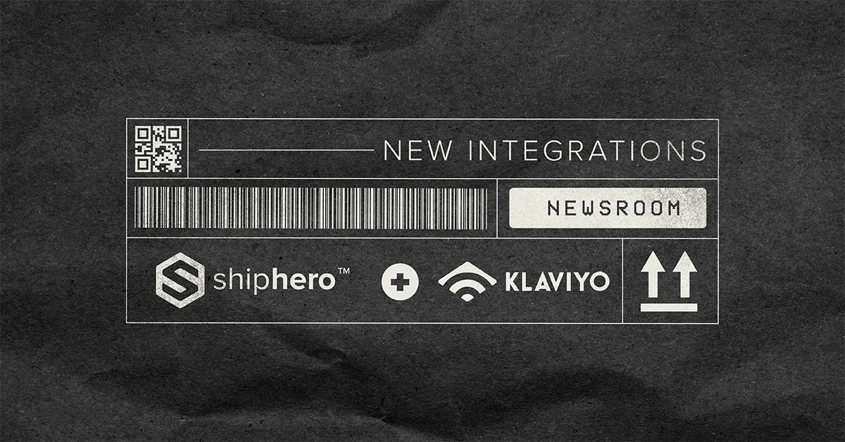 Black textured background with white outlined box showing new integrations: shiphero and Klaviyo logos plus a barcode.
