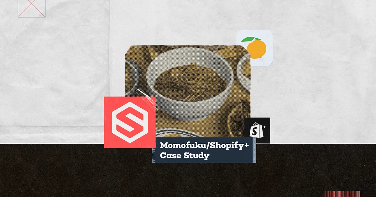 Graphic with bowl of noodles and text 'Momofuku/Shopify+ Case Study' with Shopify and orange icons.