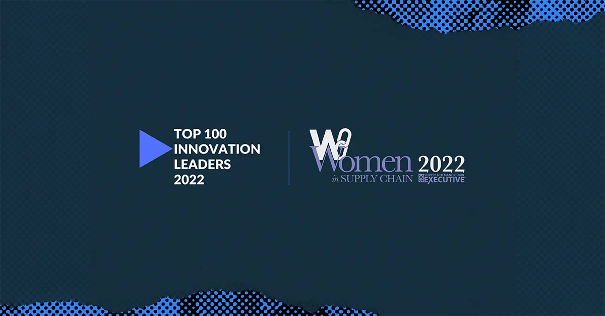 Logos for Top 100 Innovation Leaders 2022 and Women in Supply Chain 2022 awards on dark background.