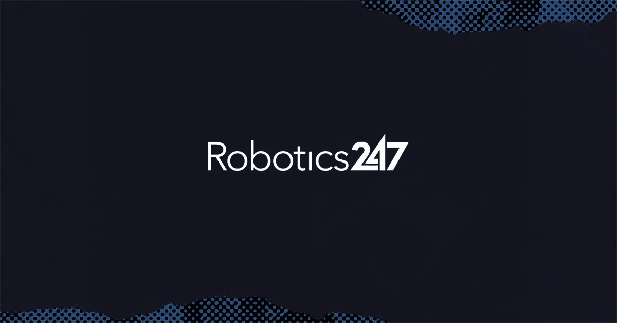 Logo with text Robotics247 in white on a dark blue background with dotted decorative patterns.