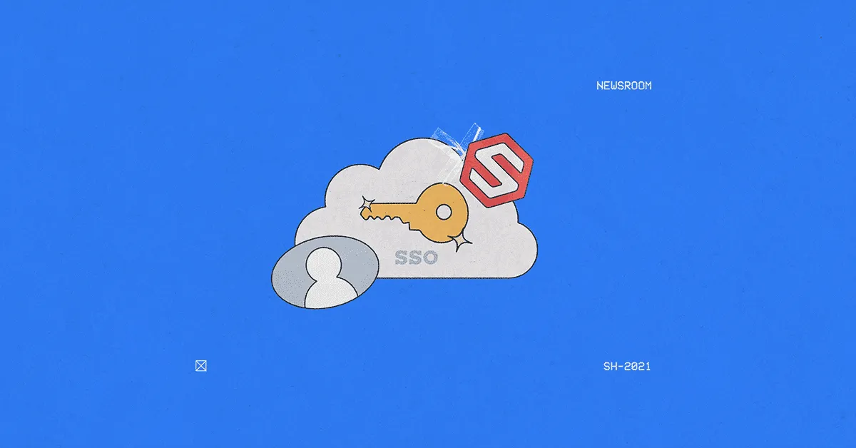 Cloud with a key, user icon, and a red shield labeled SSO on a blue background with small text.