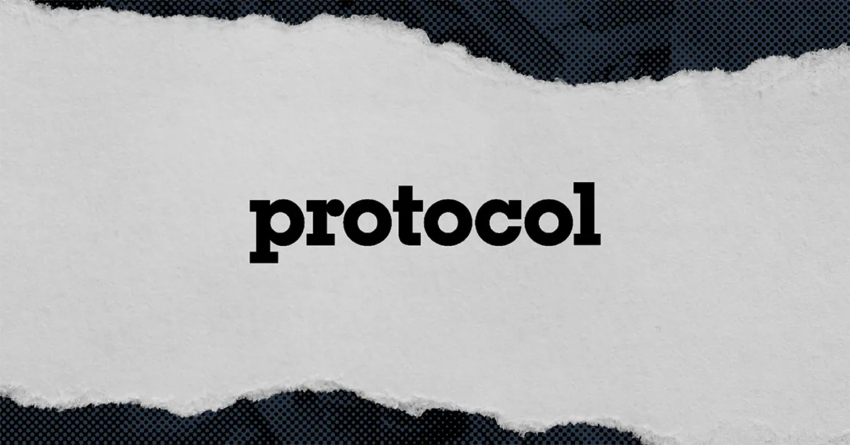 Black bold text 'protocol' on torn white paper over a dark dotted background.