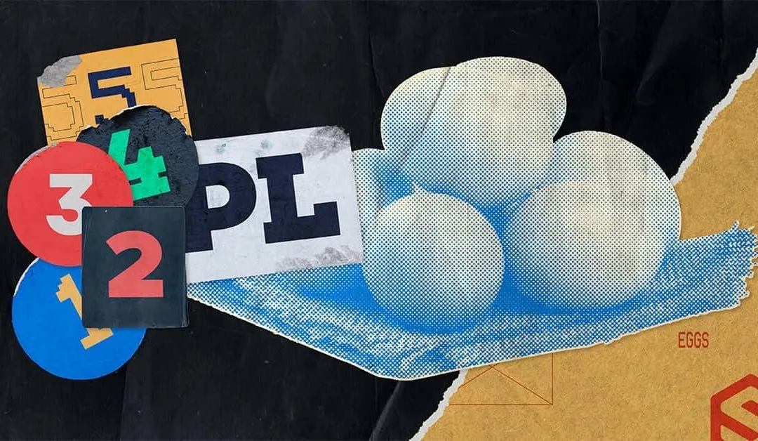 Collage of colorful numbered circles and squares beside halftone image of five eggs on blue cloth.