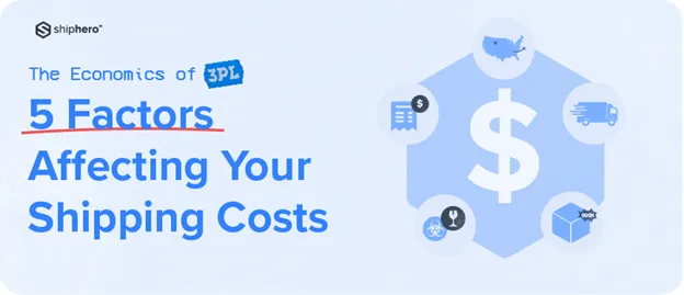 Graphic titled '5 Factors Affecting Your Shipping Costs' with icons of a truck, package, US map, receipt, and warning symbol.