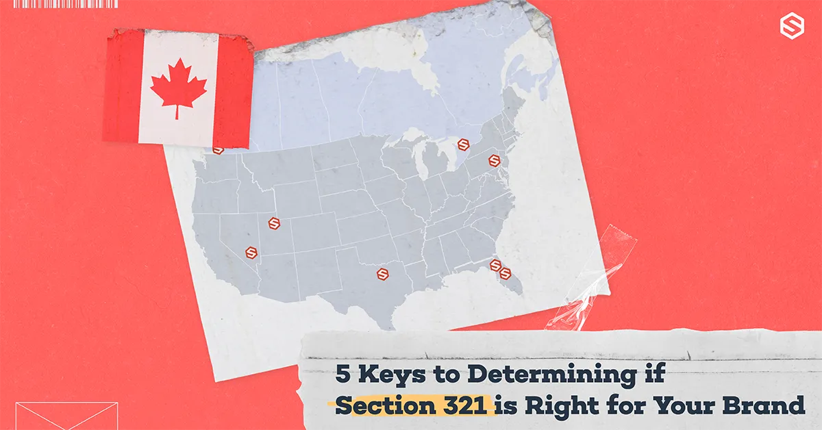 Map of the US with location pins and a taped Canadian flag, over red background with a text banner.