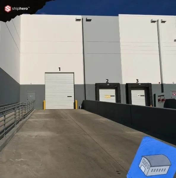 Concrete loading dock with three numbered warehouse doors and ramp on a sunny day.