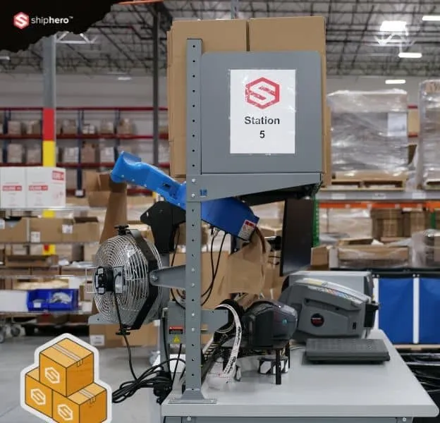 Warehouse station with boxes, printer, scanner, and fan labeled ShipHero Station 5.