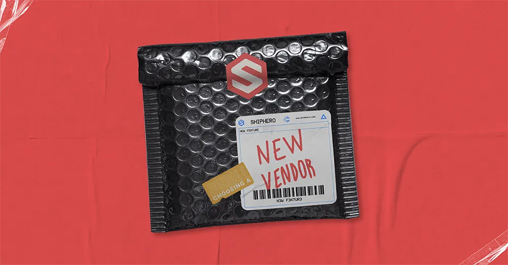 Black bubble mailer with a label reading 'NEW VENDOR' and a small gold sticker on a red background.