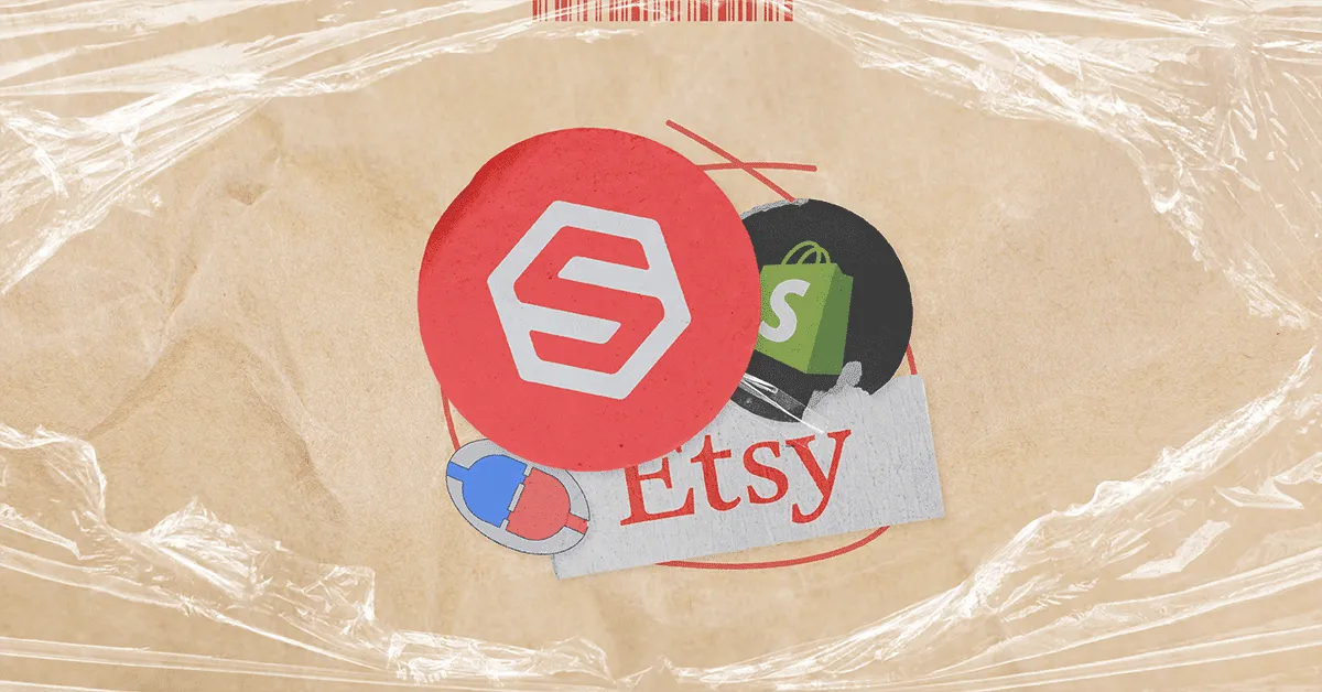 Collage of ecommerce logos including Etsy, Shopify, and other icons on a crumpled paper background.