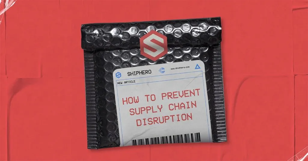 Black bubble mailer on red background with label reading how to prevent supply chain disruption.