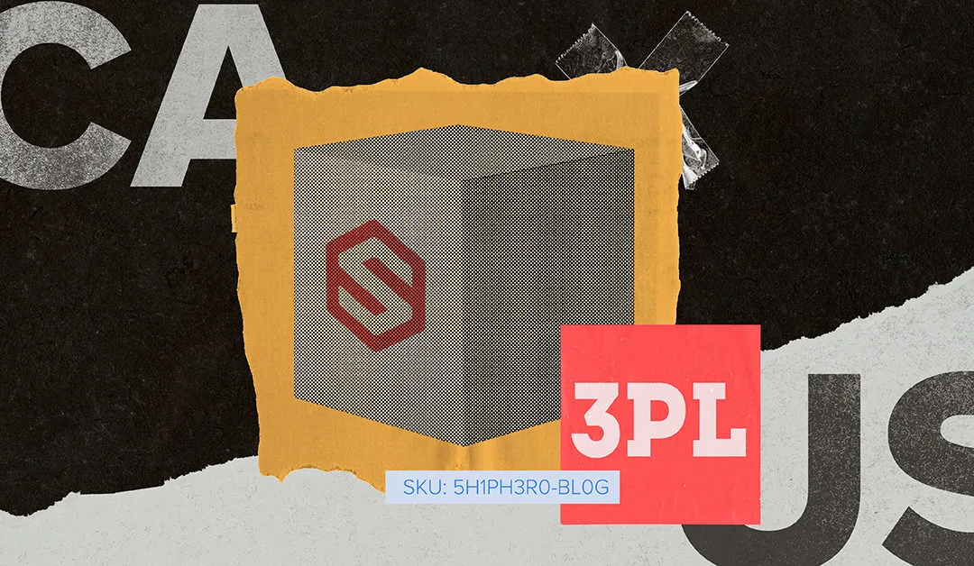 Graphic of a dotted cube with an S logo and a red square labeled 3PL taped on textured background.