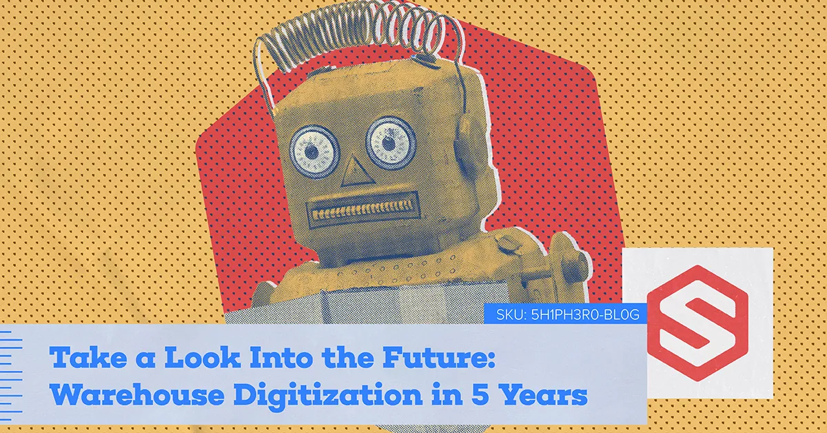 Retro robot illustration with text about warehouse digitization and future trends.