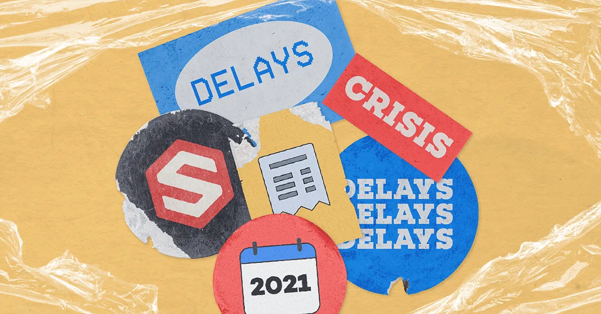 Torn paper pieces on yellow background with words delays, crisis, 2021, and an icon resembling a document.