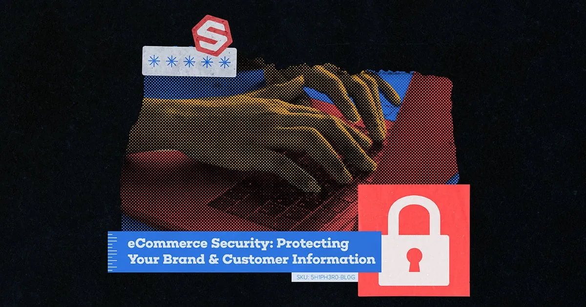 Illustration of hands typing on a laptop with security icons and text about eCommerce security.