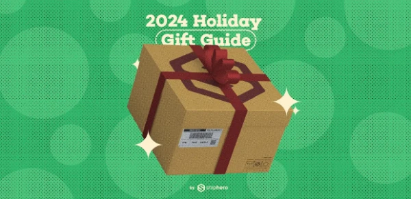 Gift box with a red ribbon and bow on a green background with text '2024 Holiday Gift Guide'.