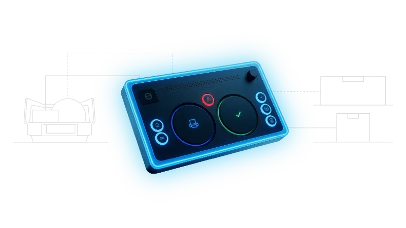 Control panel with two large buttons marked printer and checkmark, plus smaller circular buttons around them.