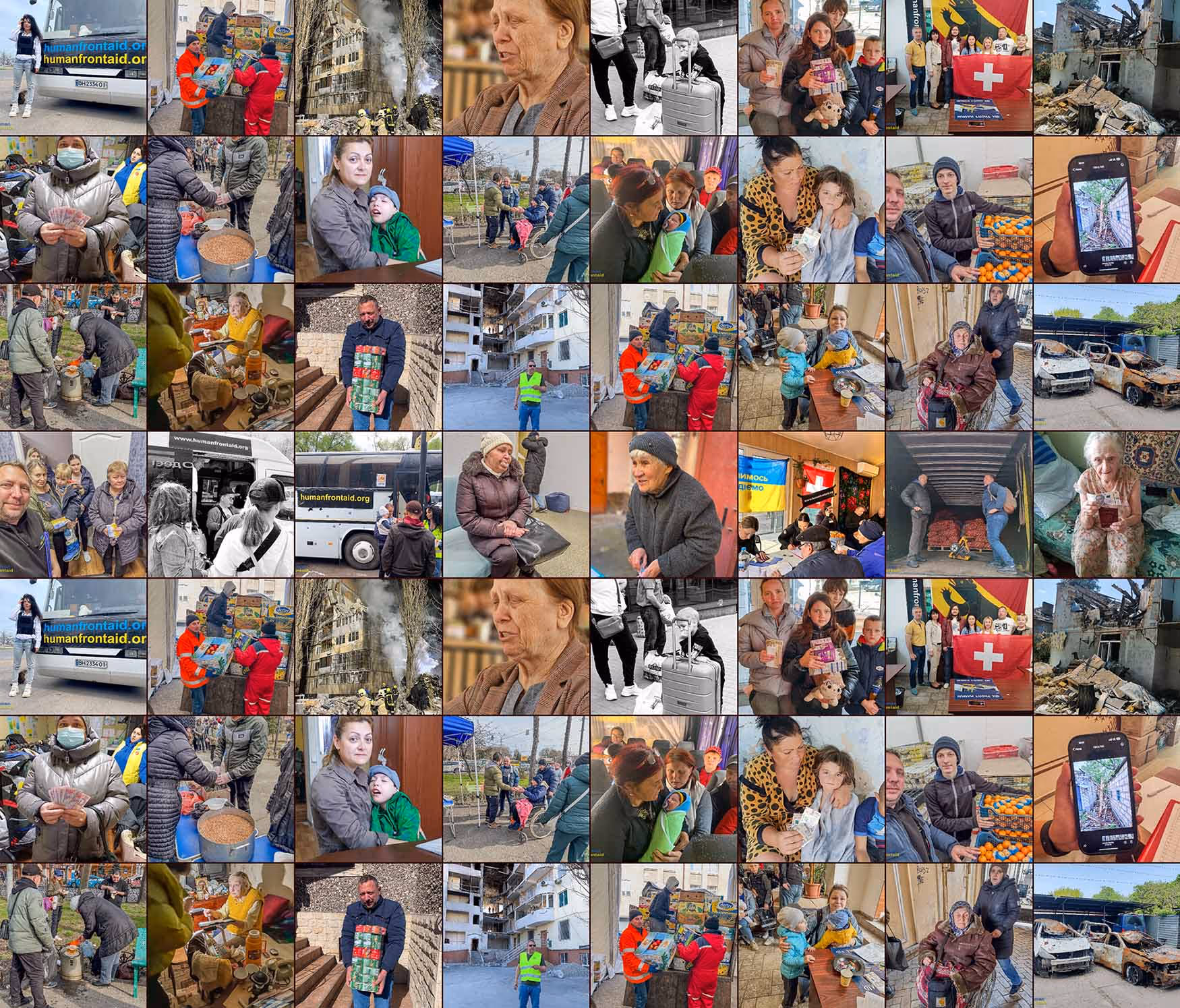 Frau mit schwarzer Schutzweste steht neben einem Bus mit humanfrontaid.org Banner und einer Katze am Boden.