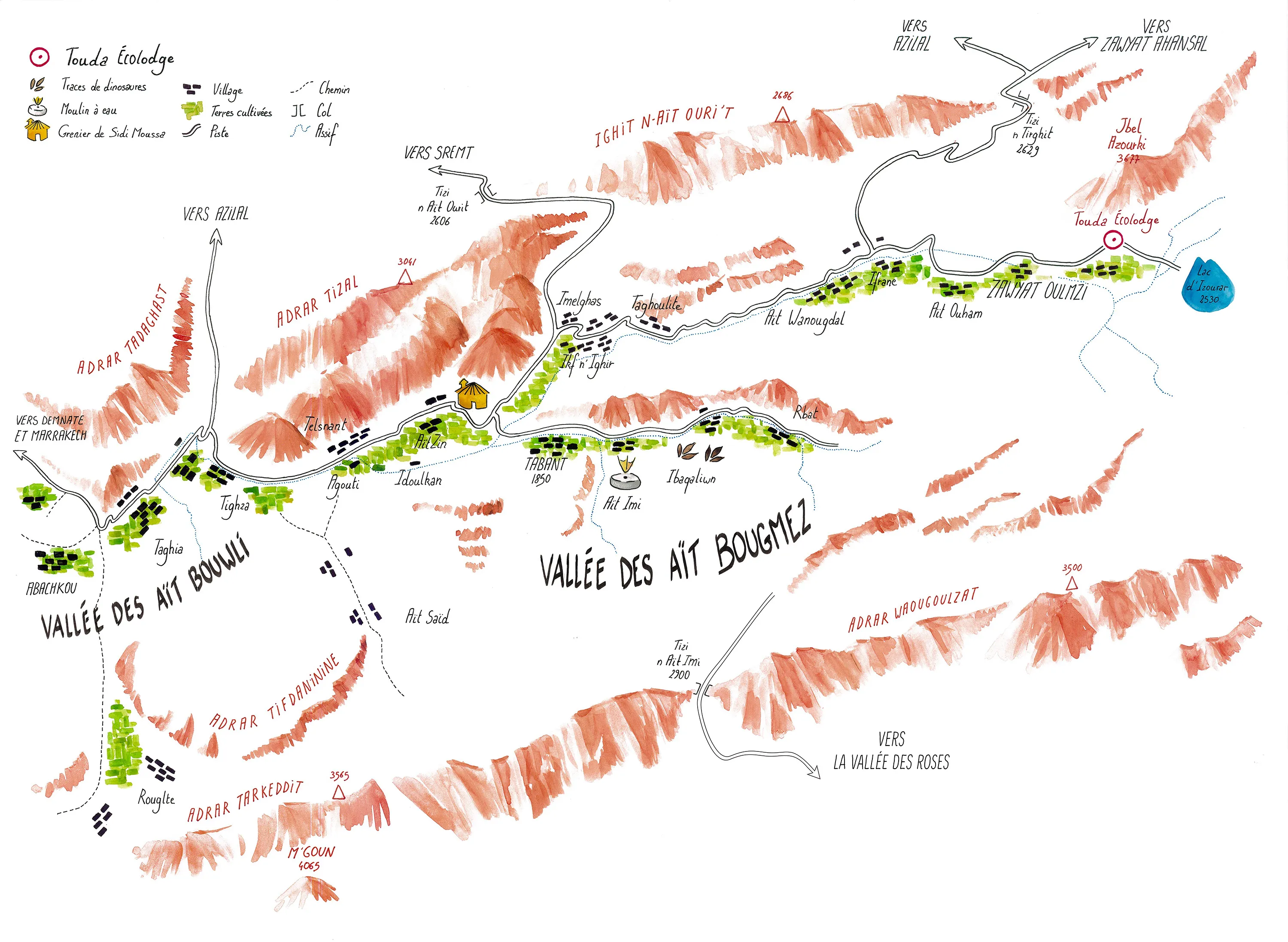 Carte illustrée de la vallée des Aït Bouguemez et de la vallée des Aït Bououli avec des montagnes, villages, traces de dinosaures, moulins à eau, et chemins.