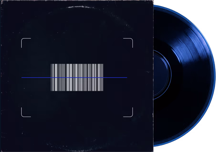 Vinyl record partially out of a black cover with a barcode and a blue scanning line across it.