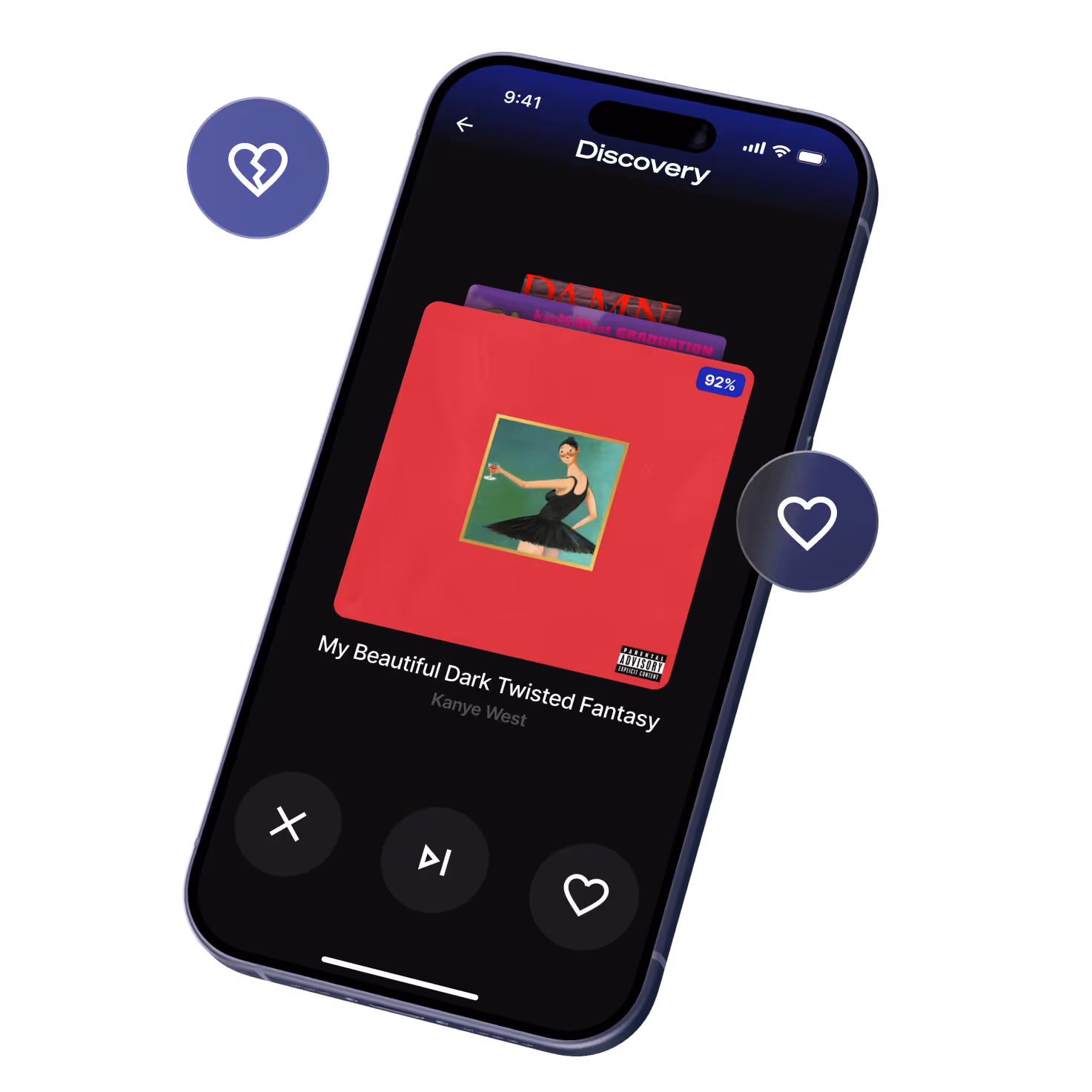 Smartphone screen displaying a music app playing Kendrick Lamar's album 'Damn' with overlay cards showing Lana Del Rey's 'Born to Die' and Tame Impala's 'Currents'.