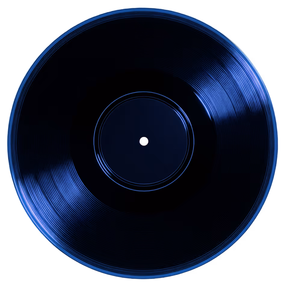 Top-down view of a glossy black vinyl record with visible grooves.