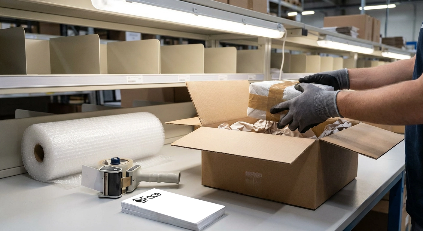 Person verpackt ein Paket mit Klebeband und Luftpolsterfolie an einem Packtisch in einem Lager.