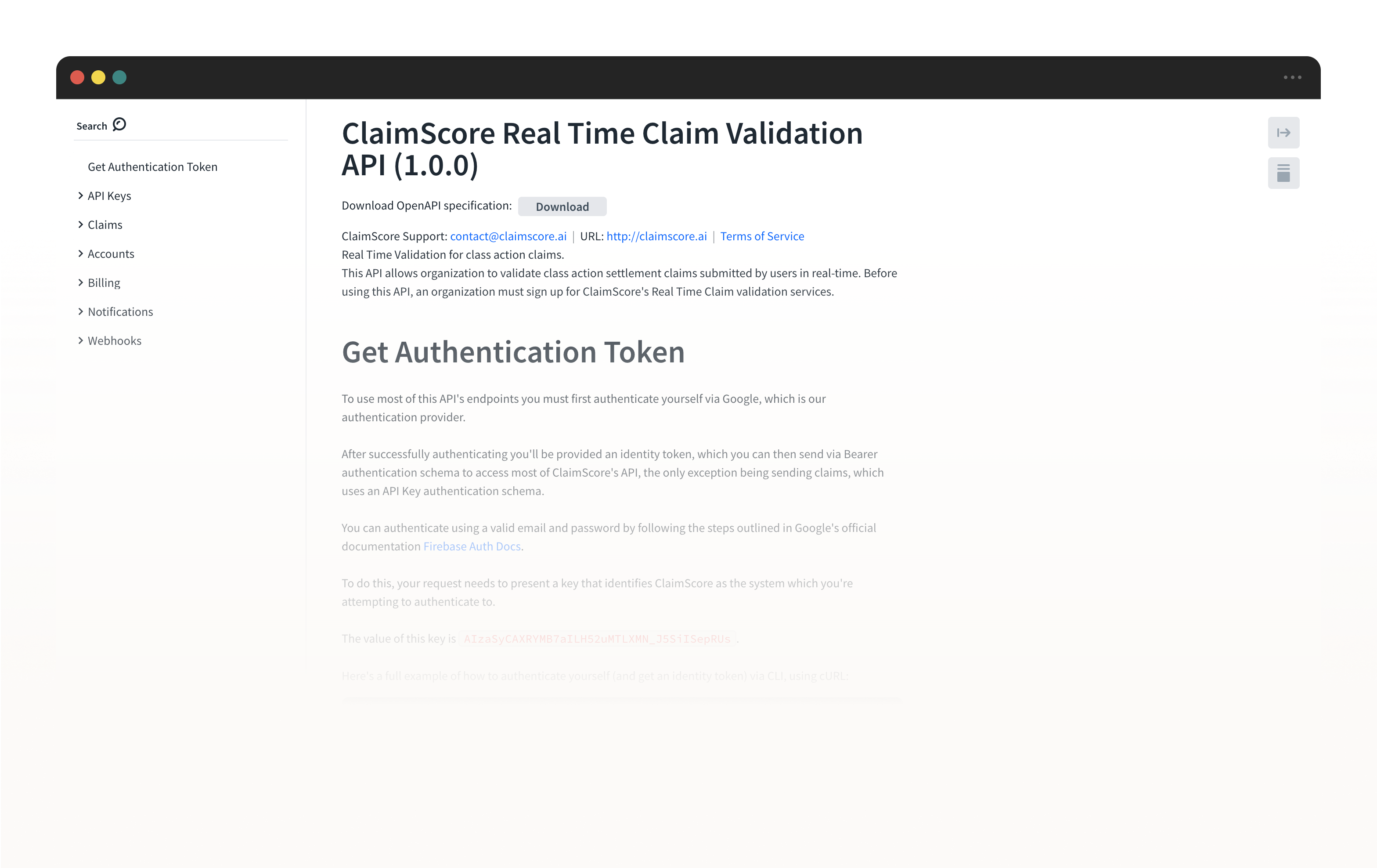 Screenshot from the API documentation site.