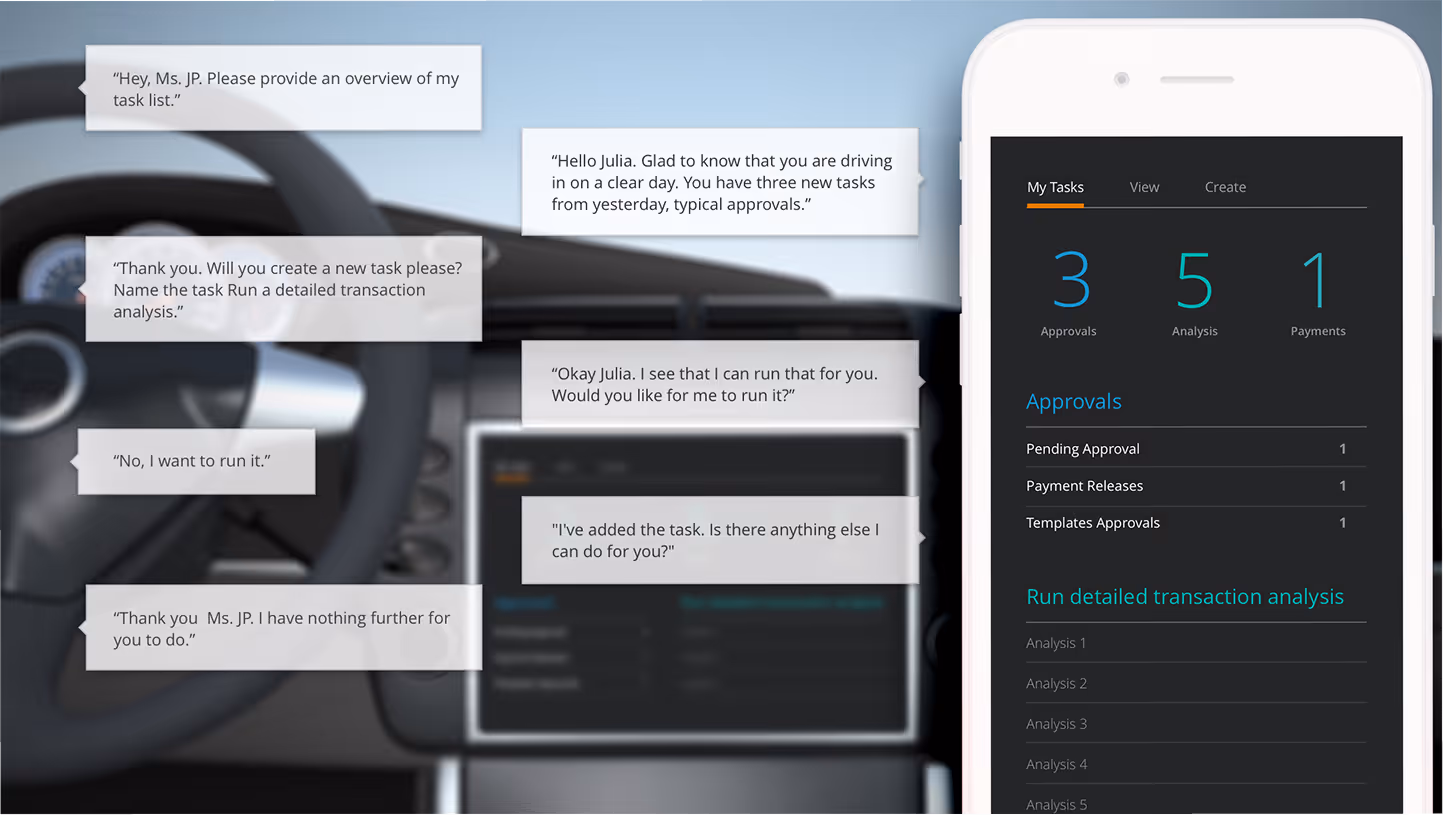 A screen of the user interacting with the system using voice in a car.