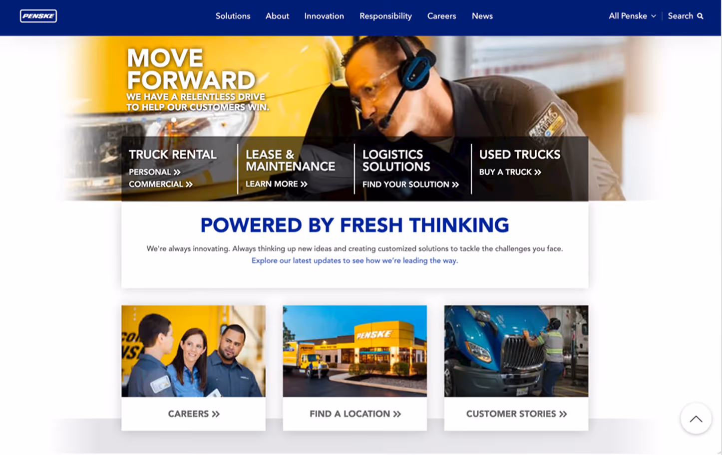 An after screenshot of Penske's homepage. It has a the recommended navigation.