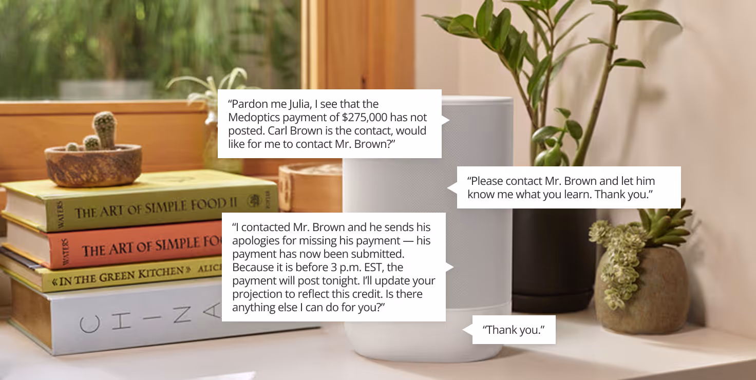 A bubble voice conversation on a smart speaker to illustrate the conversation.