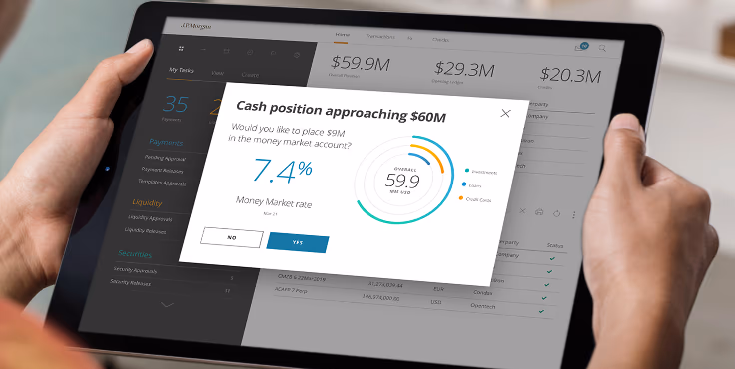 An iPad that shows a UI screen notification that their cash position balance is high and asks them if they want to move it to a higher interest rate account.
