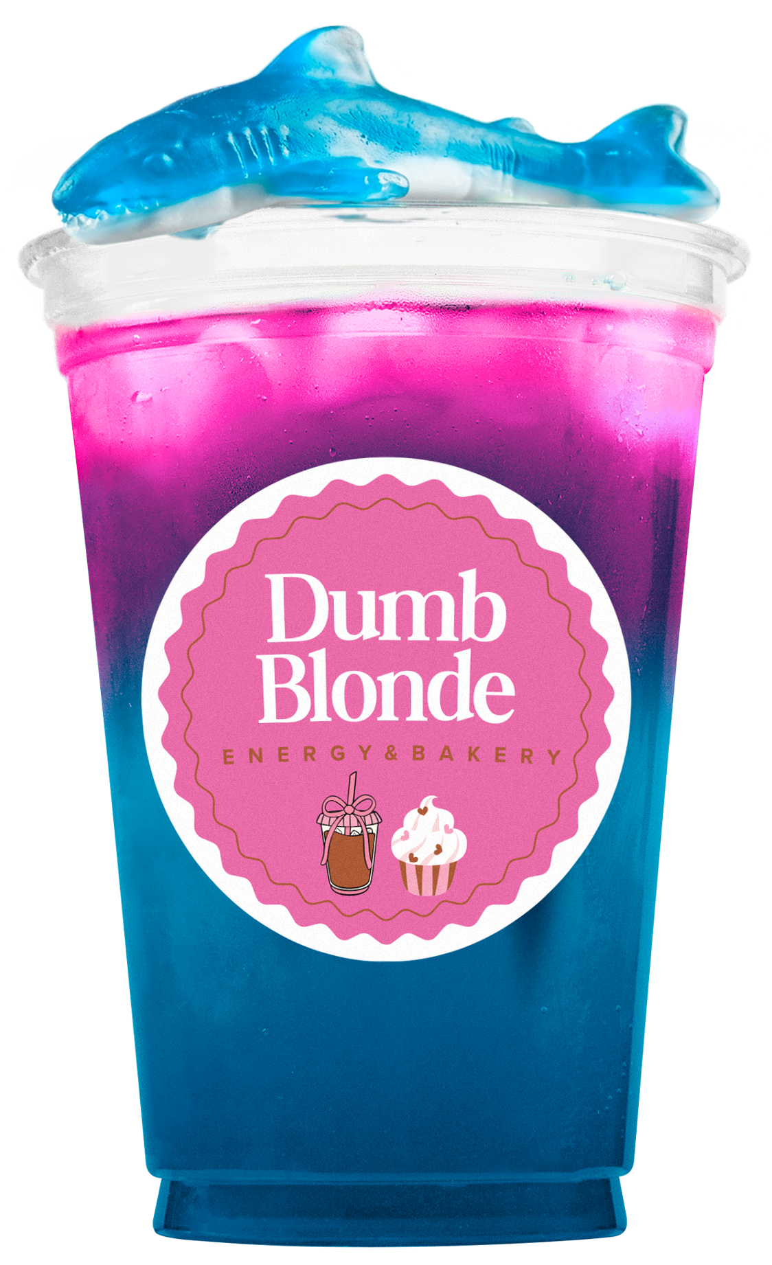 Purple and blue iced drink with a gummy shark on top and Dumb Blonde Energy & Bakery label.