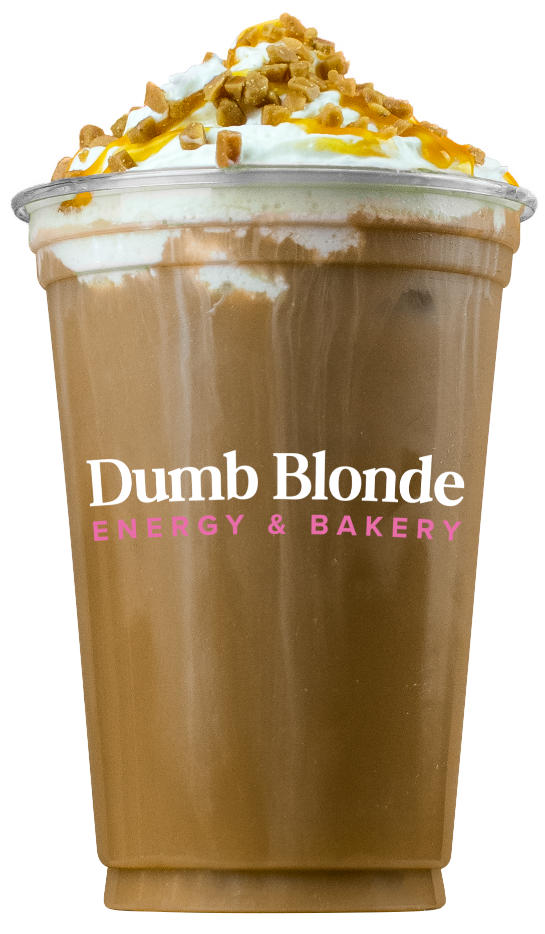 Iced coffee drink with whipped cream, caramel drizzle, and nuts in a Dumb Blonde cup.