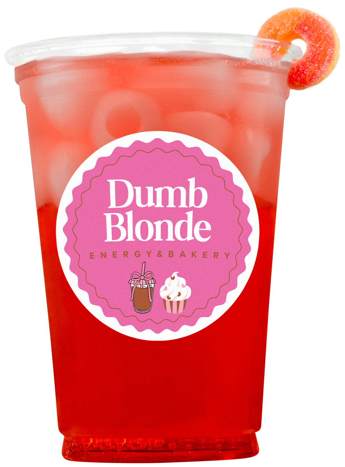Red iced drink in a plastic cup with Dumb Blonde Energy & Bakery logo and candy ring garnish.