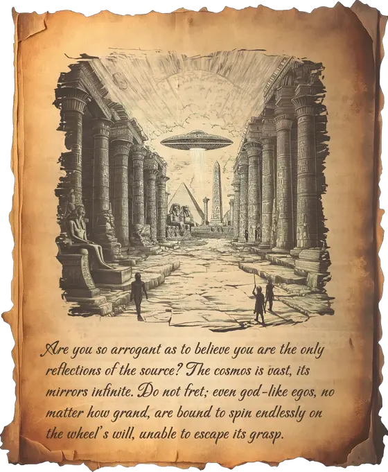 Illustrated page: a spaceship above ancient Egyptian ruins