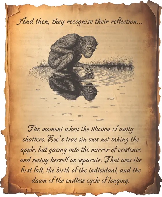 Illustrated page: an ape recognizing its reflection in the water
