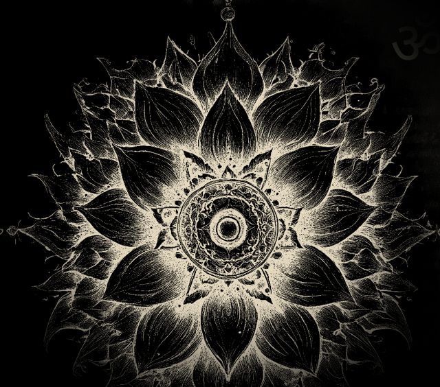 Ink drawing of a mandala with an eye at its center